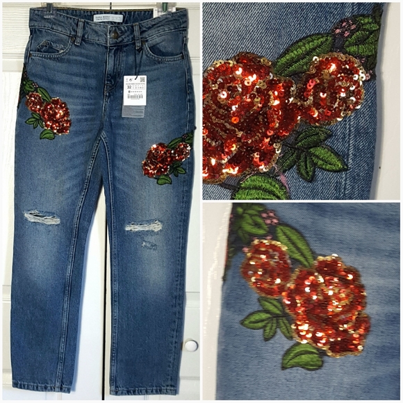 Zara Relaxed Embroidered Sequin Distressed Jeans - Picture 2 of 8